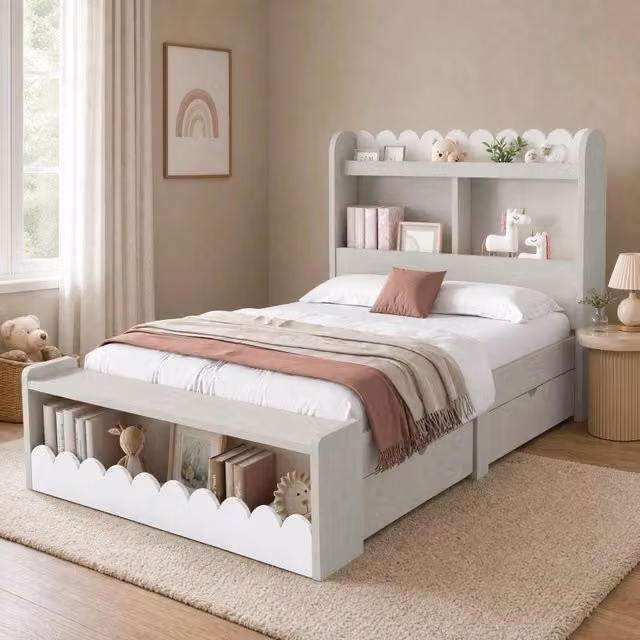 Letto singolo ULEVR 90x200 cm in legno massello e MDF con 2 cassetti, ripiani e vani contenitore, bianco e rovere chiaro