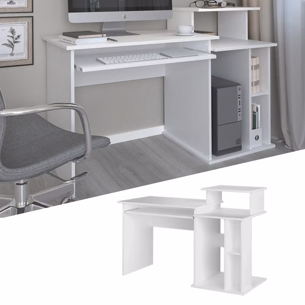 Scrivania da ufficio Vicco con ripiani, colore bianco, L: 130 cm, P: 55 cm – 2