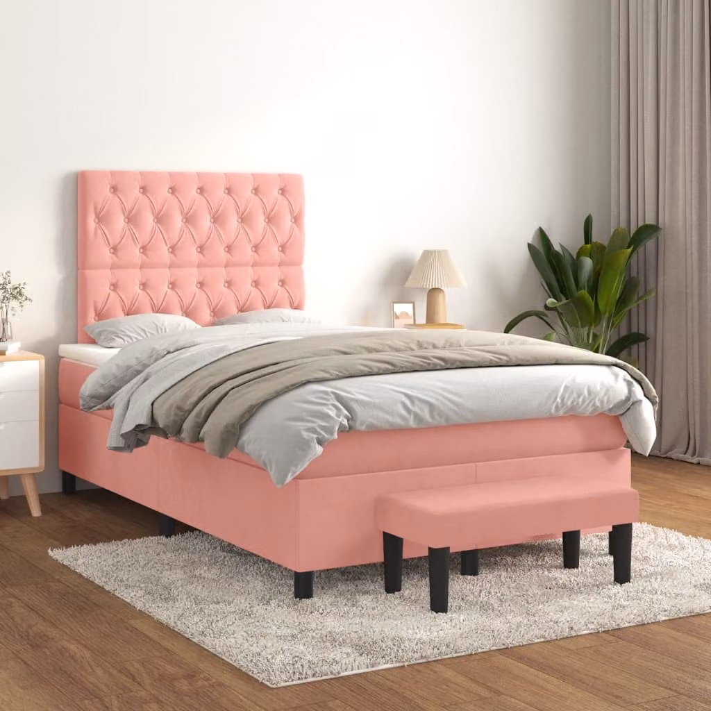 vidaXL Giroletto a Molle con Materasso in Velluto Rosa e Bianco, L/P/H: 120 x 200 cm – 1
