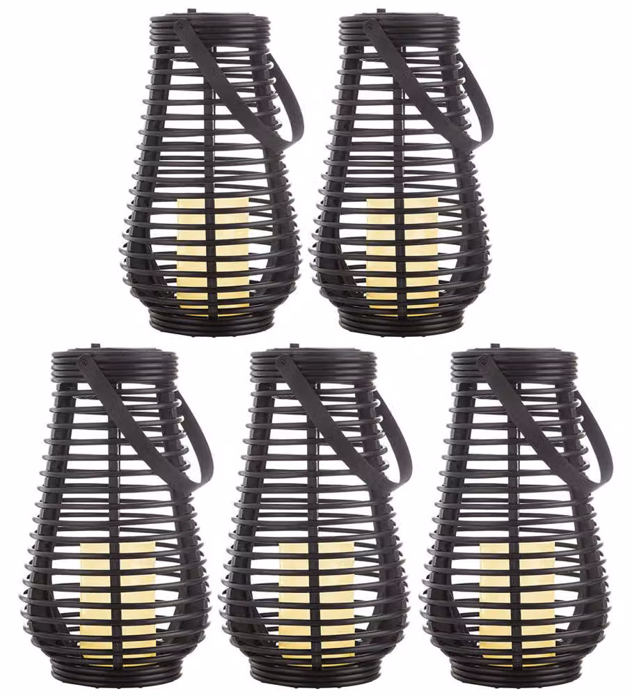 5 lanterne a LED, nere, con sensore di luminosità, design a griglia, grado di protezione IP44, altezza 26 cm