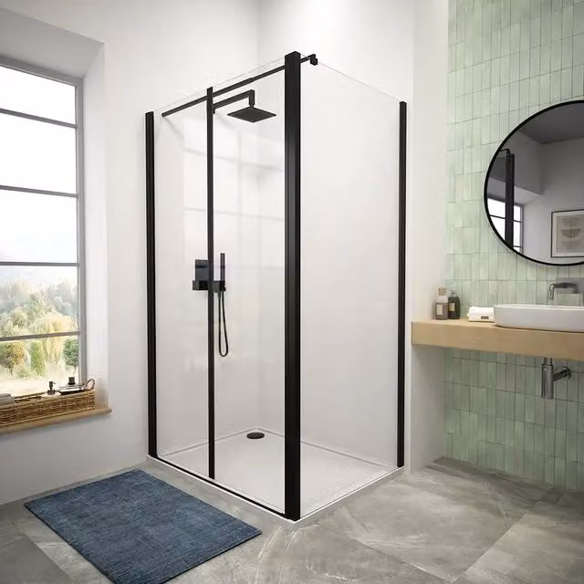 Box doccia 80x90 cm porta saloon e parete fissa profili nero opaco e vetro da 8mm trasparente h195 | Fiji