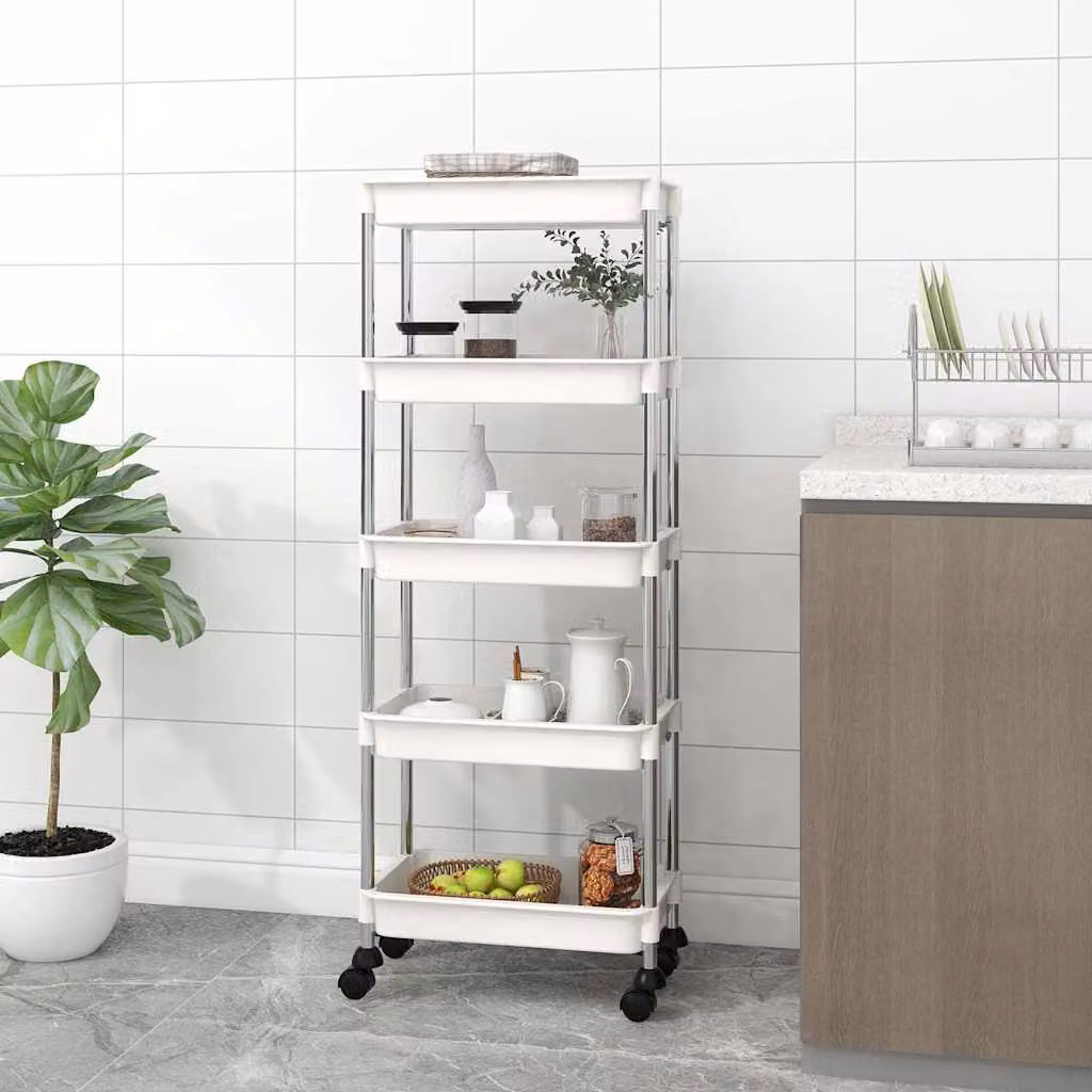 vidaXL Carrello da Cucina Moderno con 5 Ripiani in Metallo e Plastica, Bianco, L 42 cm x P 29 cm x H 128 cm