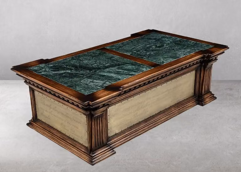 Casa Padrino tavolino in stile vintage marrone / verde / ottone 156 x 89,5 x h. 48 cm - Tavolino rettangolare in legno massello con cassetto - Mobili da salotto in stile vintage