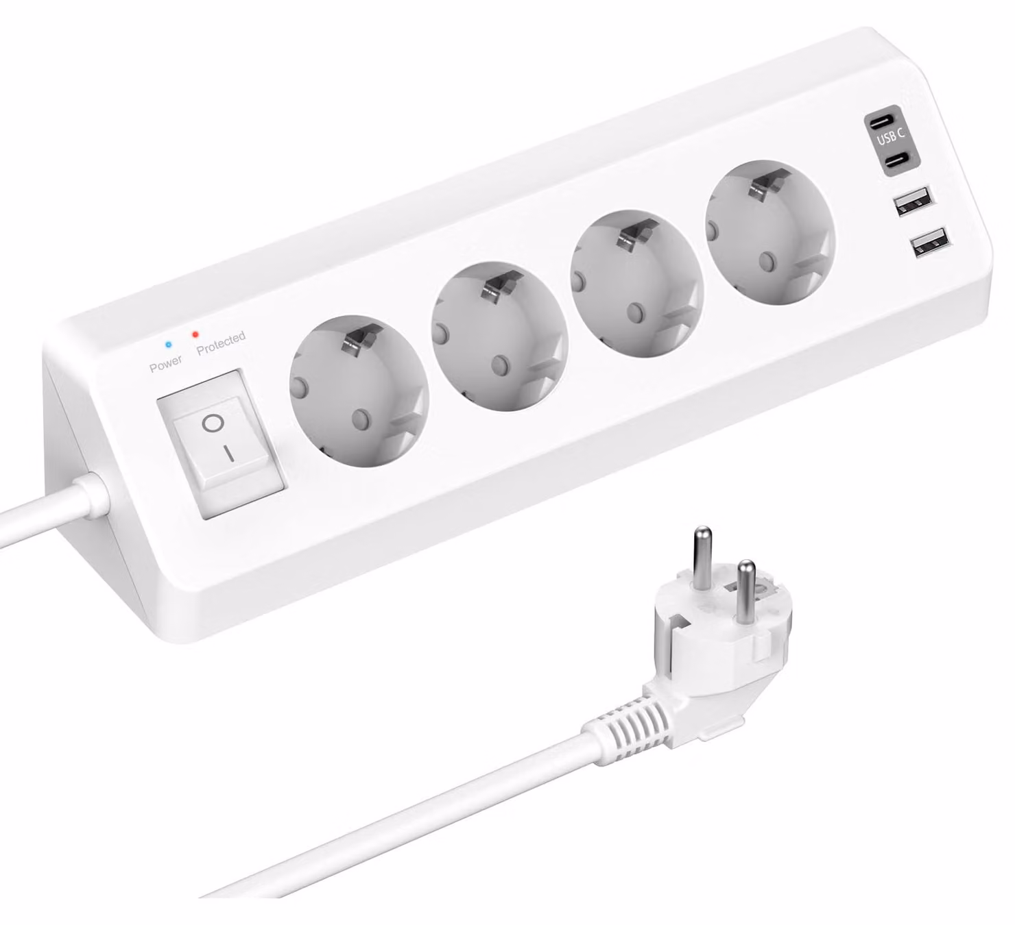 Prese multiple angolari con 2 porte USB e 2 porte di tipo C, a 4 vie, con interruttore