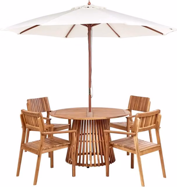 Set da pranzo da giardino BELIANI in legno d'acacia marrone composto da tavolo rotondo e 4 sedie con ombrellone, L/P/H: 120 x 120 x 75 cm – 1