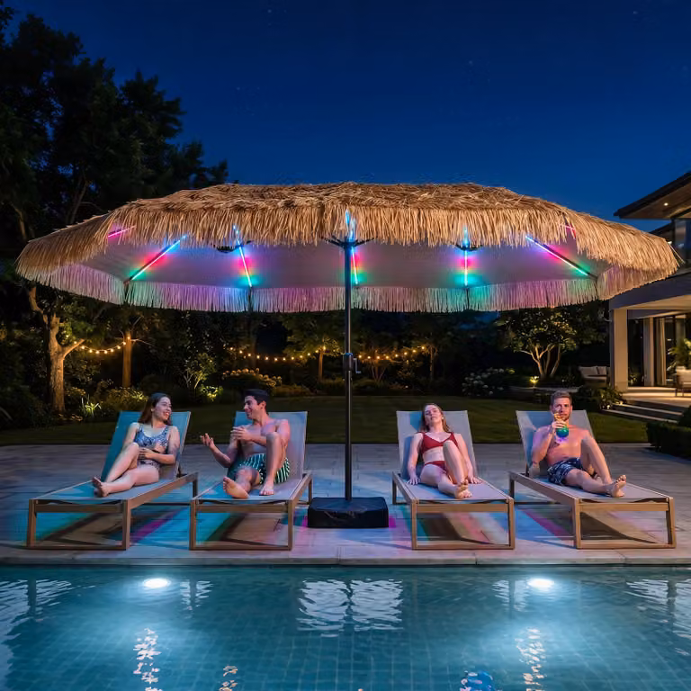 Ombrellone in paglia Costway con LED, base e manovella, parasole hawaiano marrone con struttura in acciaio e copertura in poliestere