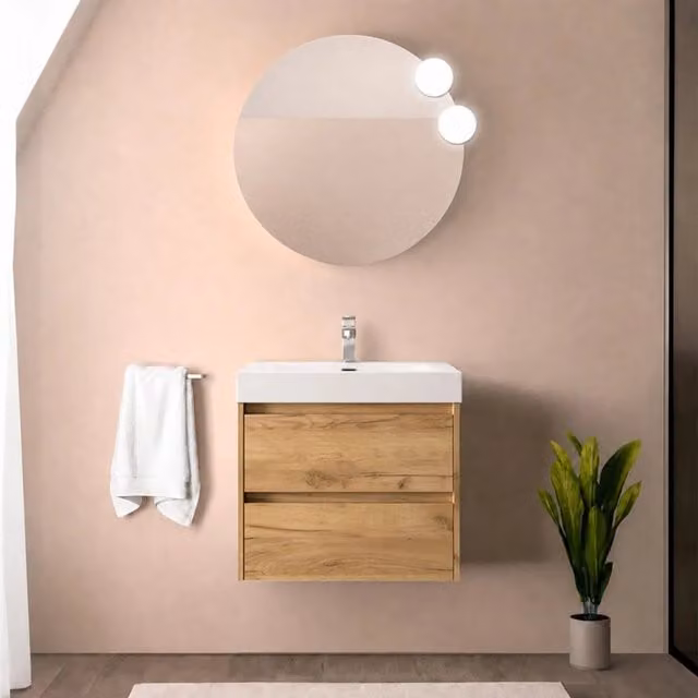 Mobile bagno sospeso 70 cm rovere africa con due cassetti e lavabo in resina Gaya