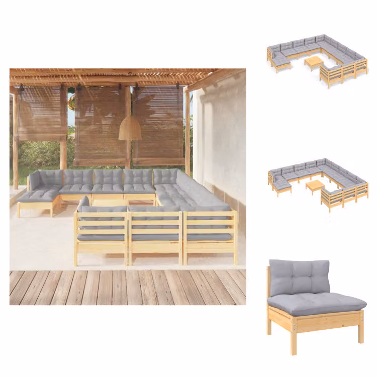 vidaXL Set di 13 pezzi per salotto da giardino con cuscini grigi in legno di pino - Set di mobili da giardino