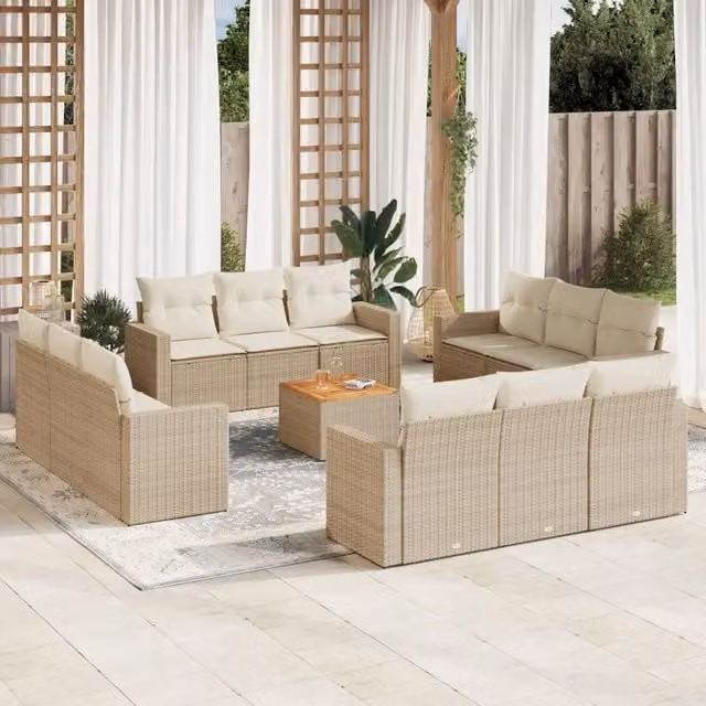 Set Divano da Giardino VIDAXL in Polyrattan Beige con 13 Cuscini a Forma di U