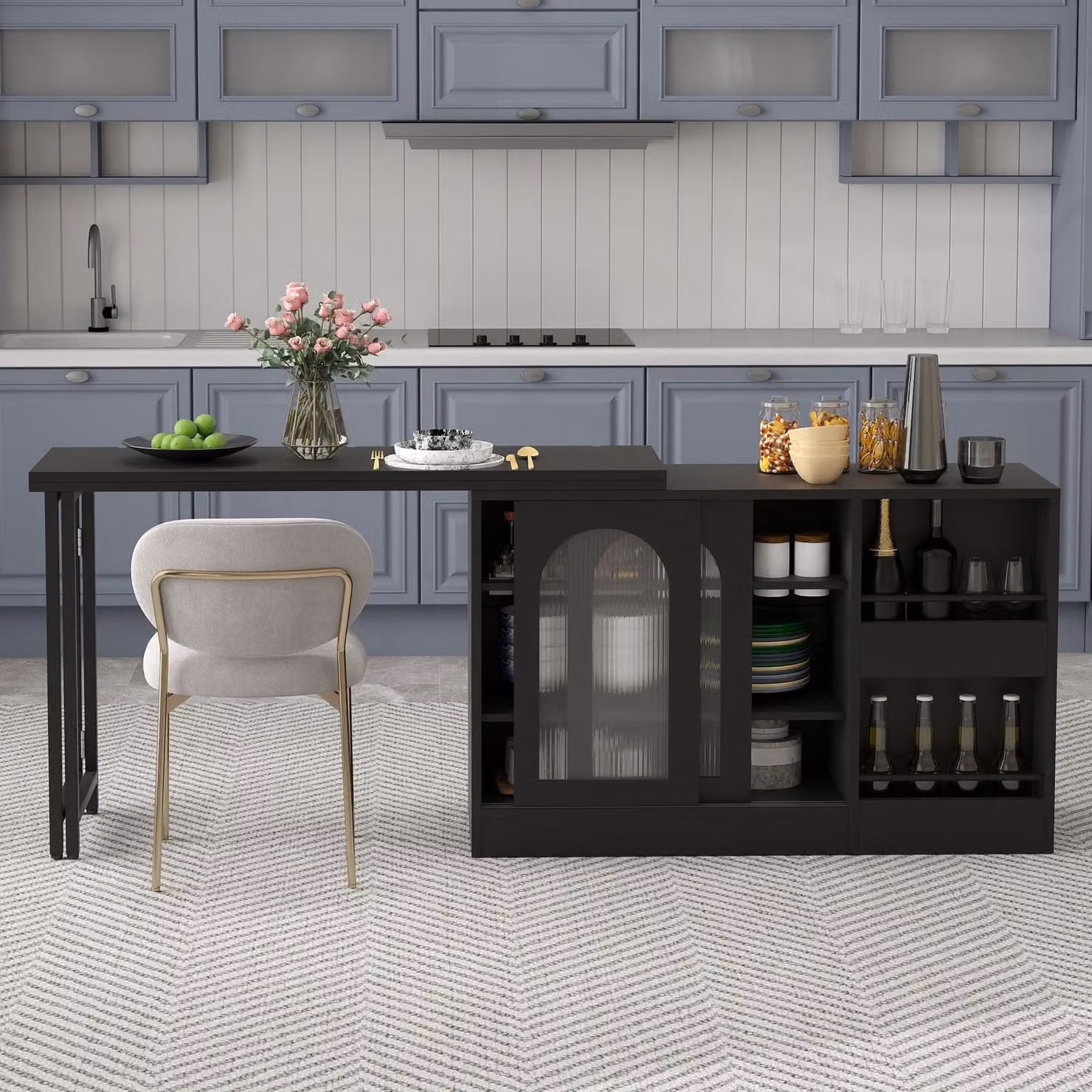 Tavolo da bar moderno Sweiko, tavolo da bar allungabile e girevole a 360° con spazio di archiviazione, tavolo da bar reversibile con porta del mobile in vetro, tavolo da bar per mobili da cucina e bar, nero