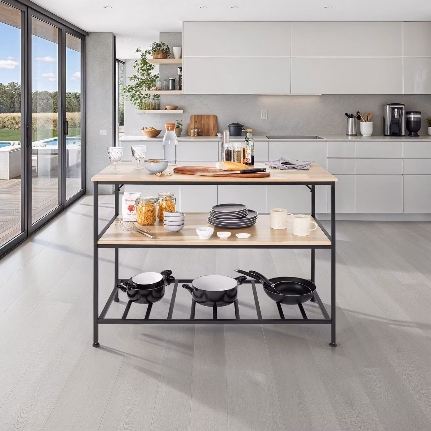 Scaffale da cucina industriale Tectake Akeley in legno rovere e metallo, colore beige e marrone, L: 120 cm, H: 90,5 cm, P: 60 cm – 2