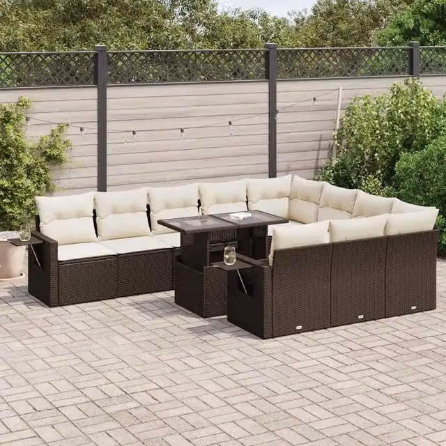 Set di Divani da Giardino vidaXL 11 Pezzi a Forma di U con Cuscini e Tavolino, Polyrattan Marrone e Bianco