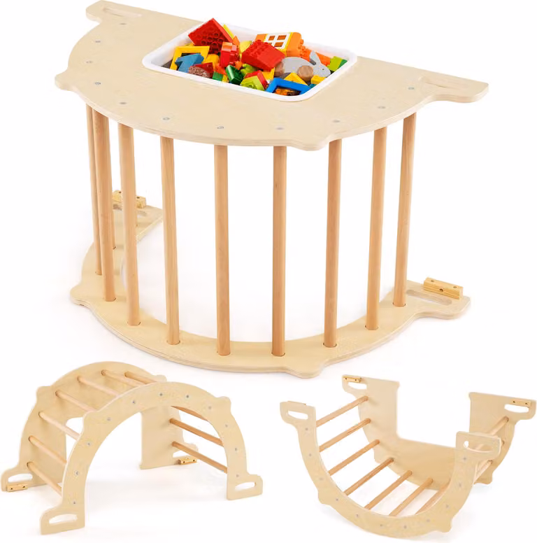 Arco da arrampicata COSTWAY, struttura da arrampicata per interni 8 in 1 con contenitore, parco giochi per bambini per arrampicata, altalena, giochi d'acqua/sabbia per bambini 3+M