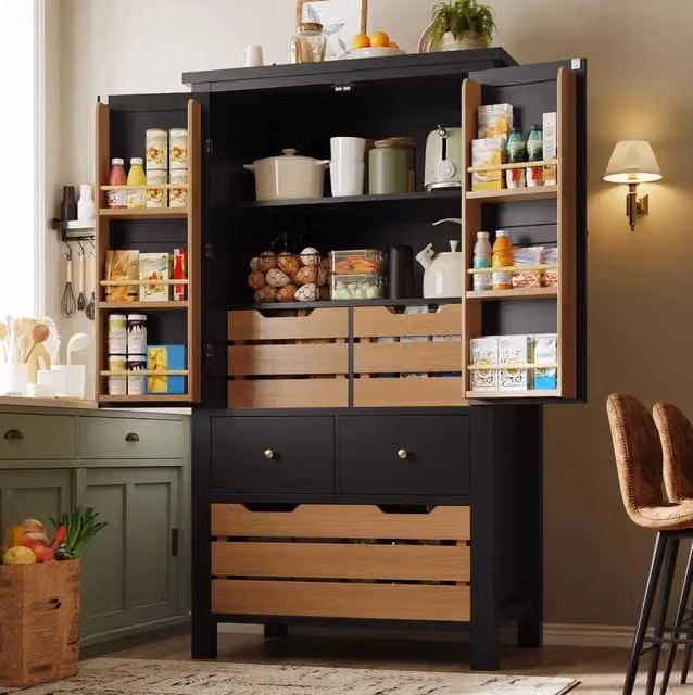 Mobile alto da cucina ULEVR 80x40x140 cm con 2 ante, 5 cassetti e 2 ripiani, nero