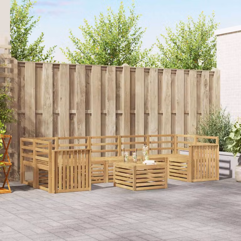 Set di divani da esterno vidaXL 8 pz in legno di acacia massello con cuscini bianchi e tavolino da giardino a forma di L