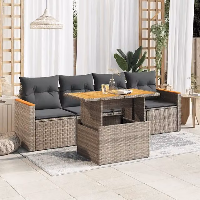 Set Divano Giardino 5 pz con Cuscini Grigio Polyrattan Acacia 3327434