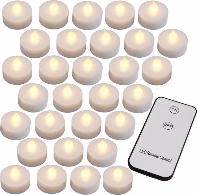 Set di 30 candele tealight a LED Monzana con telecomando, effetto flickering e luce bianco caldo, colore argento – 1
