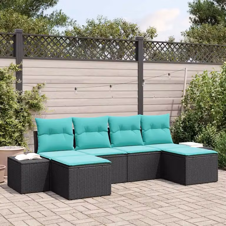 Set Divano da Giardino vidaXL 6 pz a Forma a L con Poltroncine e Cuscini, Colore Nero e Blu, Struttura in Metallo e Polyrattan con Tessuto Resistente ai Raggi UV