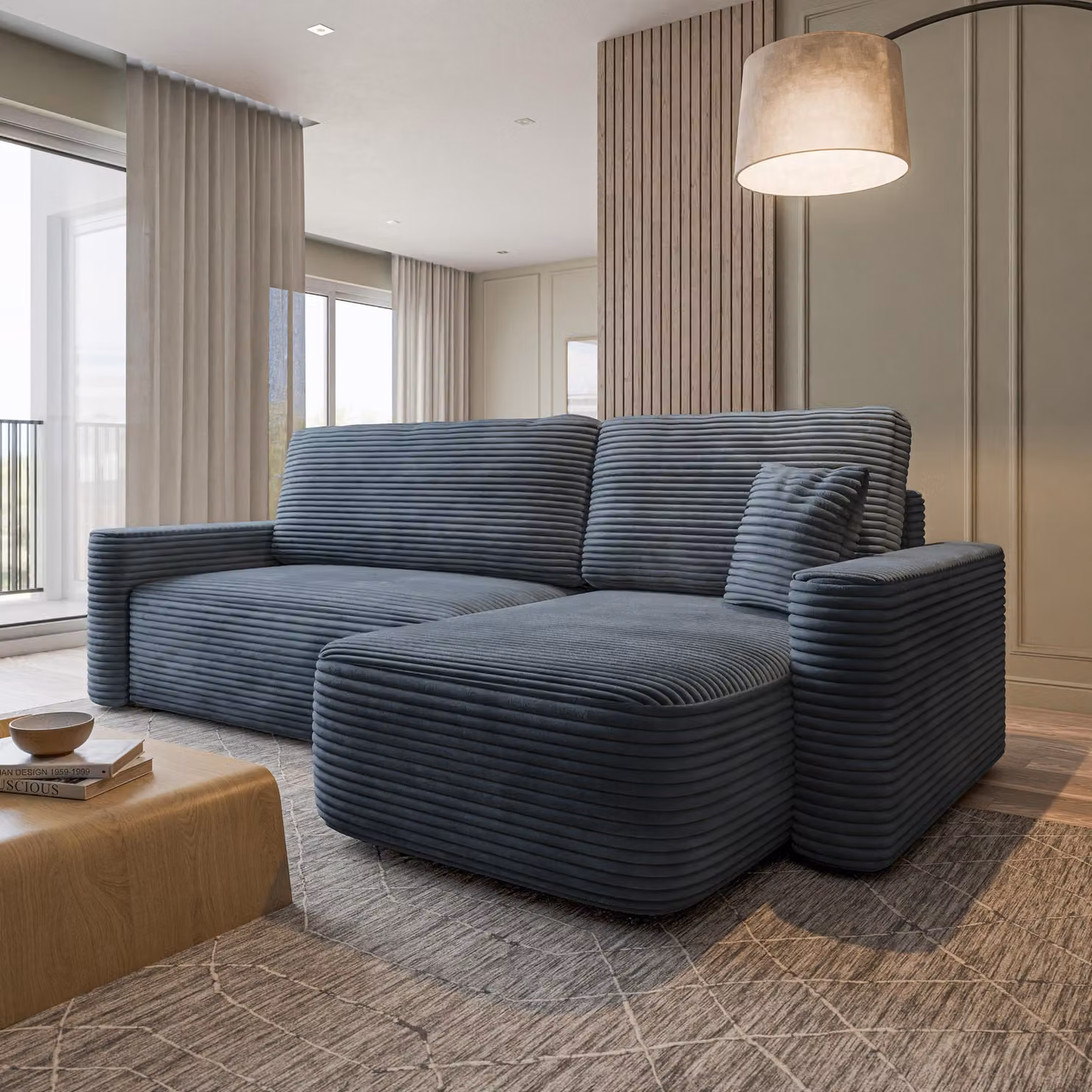 Divano ad angolo Masseno NERI T con funzione letto a L, divano con contenitore, divano da salotto, divano, divano letto, set divani - Grigio, TILIA 85
