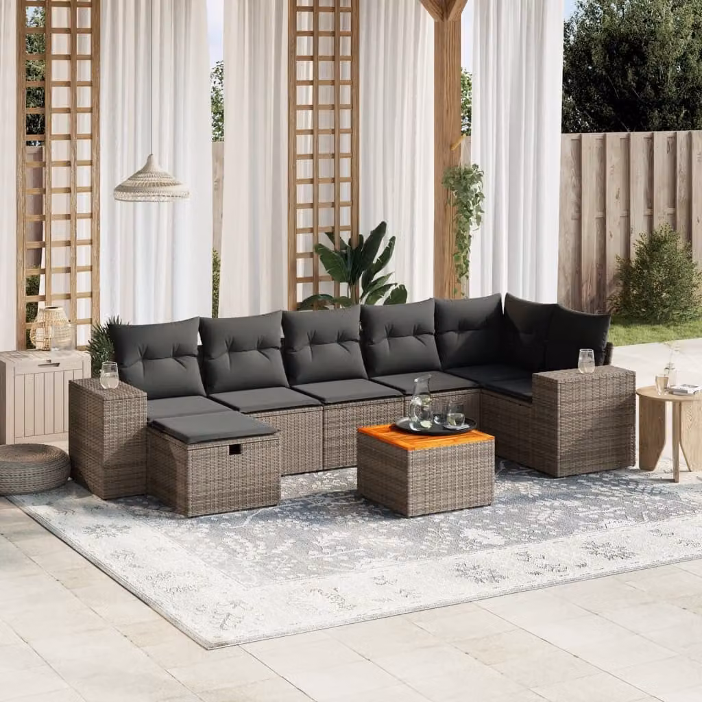 vidaXL Set Divano da Giardino a L 8 pz Grigio con Cuscini e Tavolino in Polyrattan e Acciaio – 1