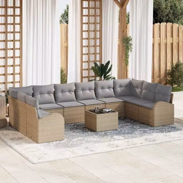 vidaXL Set Divano da Giardino a forma di U in Polyrattan con Cuscini, 11 Pezzi, Beige e Grigio
