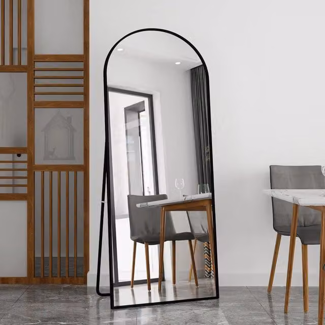 Specchio a figura intera 180x80 cm; specchio ad arco; specchio da terra con supporto; autoportante o da appoggio; specchio da parete; nero