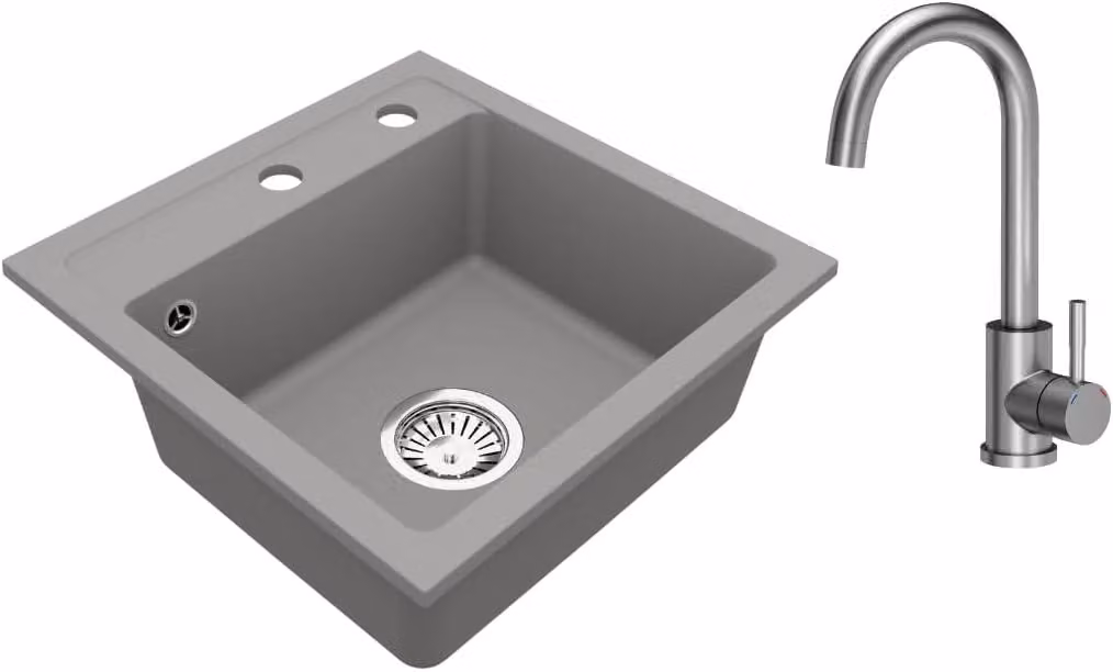 VBChome Lavello in granito 44 x 44 cm Grigio con rubinetteria Vasca singola Lavello da incasso Maculato Lavello di facile manutenzione con sifone Ideale per cucine piccole