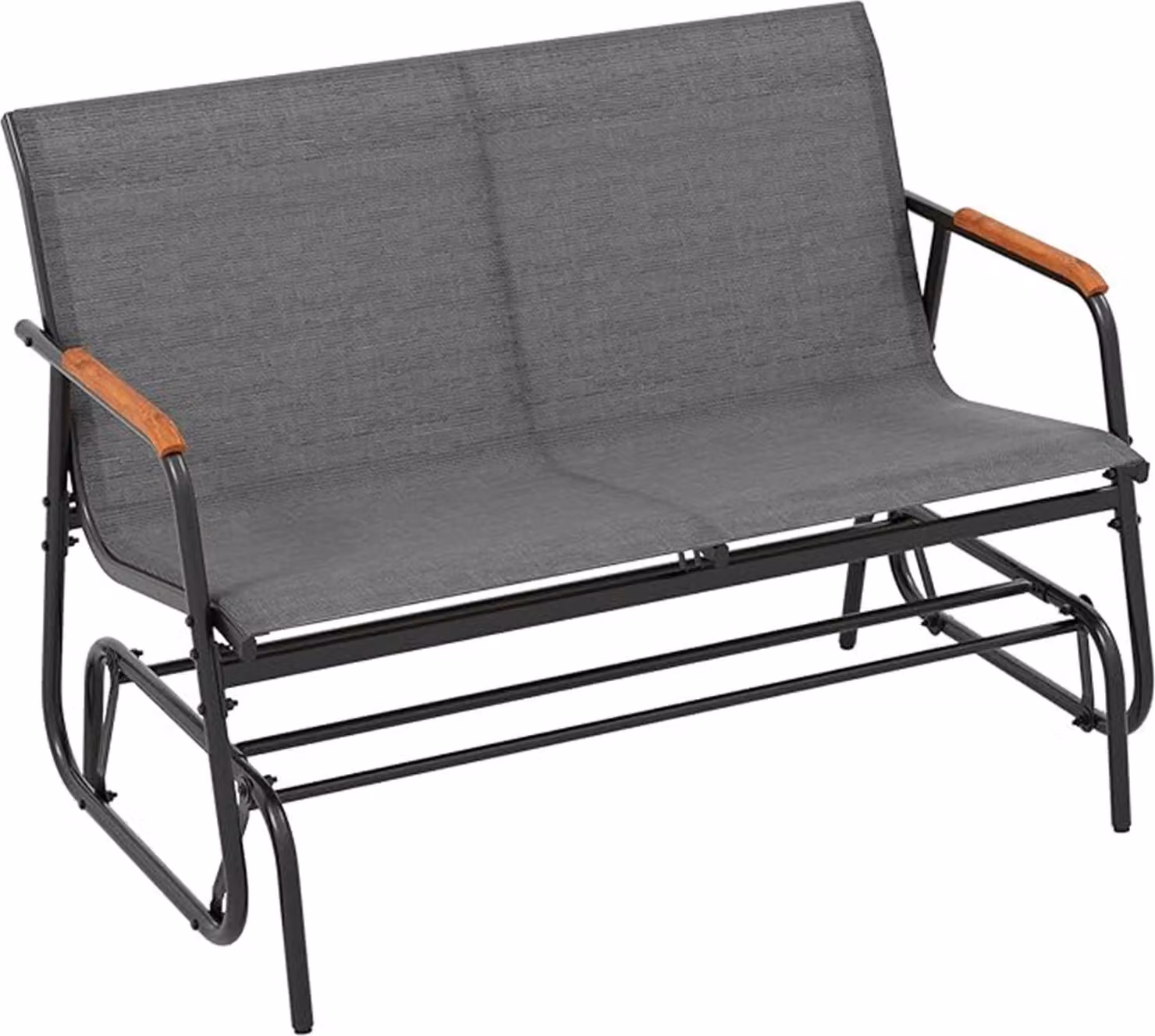 Altalena da giardino per esterni, panca a due posti con struttura in metallo, braccioli ricurvi in teak, panca a dondolo, portata massima 300 kg, grigio