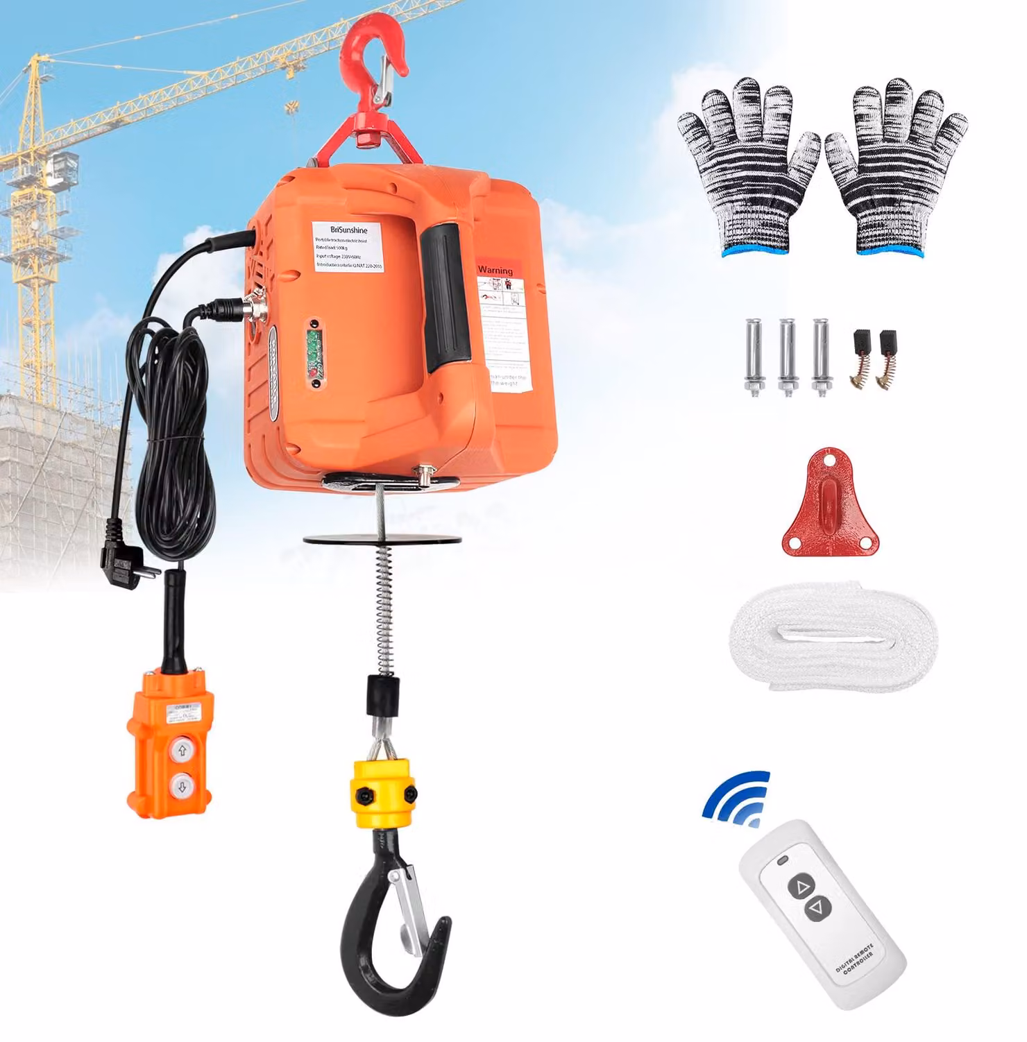 Verricelli elettrici da 500 kg, 1500 W, 230 V, con 7,6 metri di cavo, velocità di 5 m/min