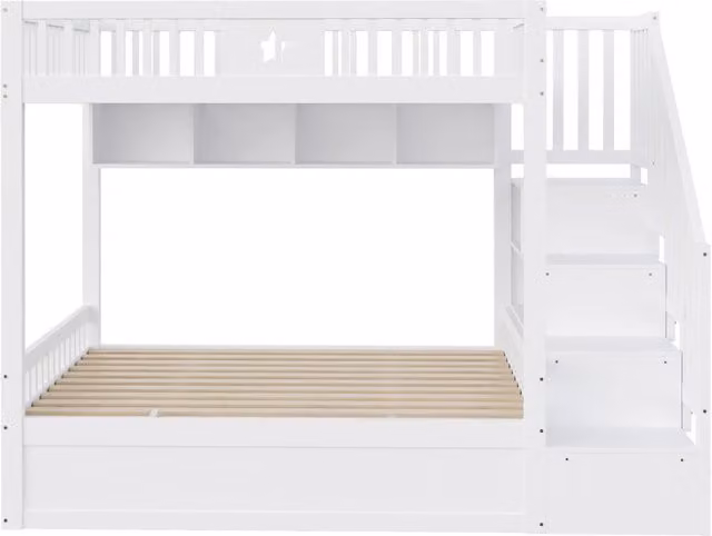 Letto a soppalco in legno 140x200 cm con letto inferiore idraulico, scaletta con contenitori e scaffali, bianco