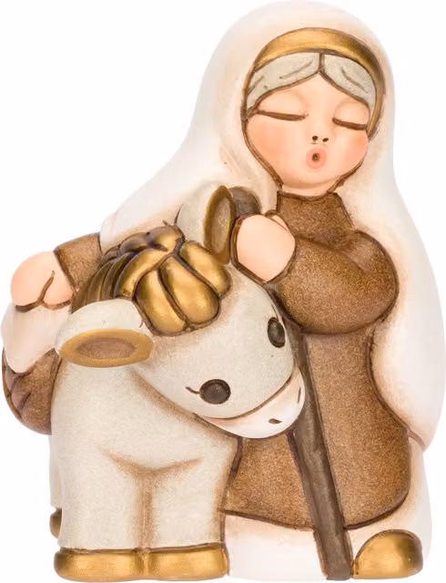 Statuina Thun Nonna con asino in ceramica per Presepe Classico, Bianco