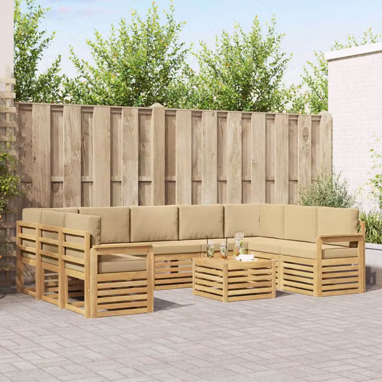 Set di divani da esterno vidaXL a forma di L composto da 10 pezzi in legno di acacia con cuscini bianchi e beige