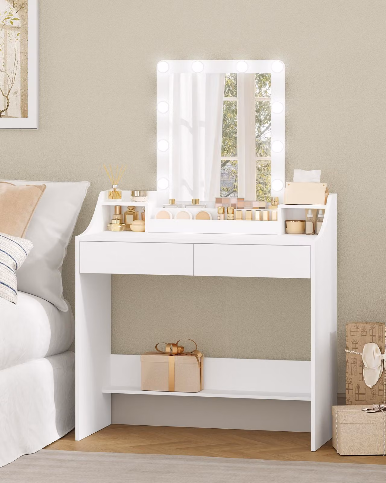 Scrivania da trucco bianca - Larghezza 90 cm - Con illuminazione a LED - Realizzata in pannello di truciolato - Design moderno e minimalista - Arredamento per la camera da letto
