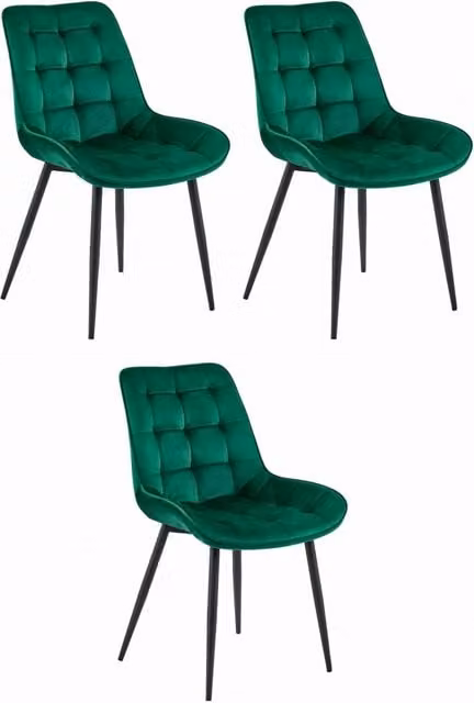 Set di 3 sedie VALORA BERA OSKAR in velluto verde scuro con gambe in metallo nero, L/P/H: 54 x 48,5 x 86,5 cm
