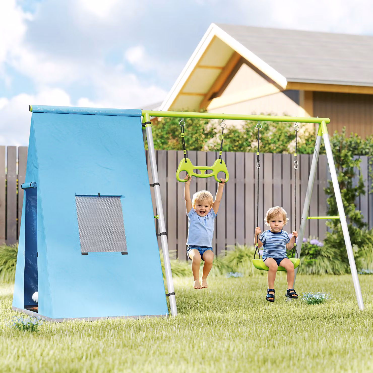 Set da gioco 3-in-1 AIYAPLAY con altalena, tenda e anelli da ginnastica in metallo e plastica, verde e blu – 2