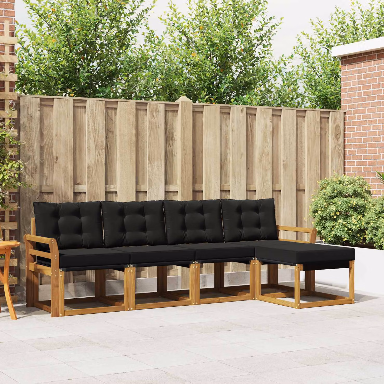 Set di divani da esterno vidaXL a forma di L composto da 5 pezzi in legno di acacia con cuscini in textilene, colore marrone e nero