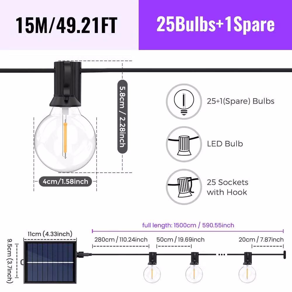 Catena luminosa solare - Catena di luci LED G40 per esterni - 15 metri - 26 lampadine - Alimentazione a energia solare - Grado di protezione IP44 - Dimmerabile - Luce bianco caldo 3000 K