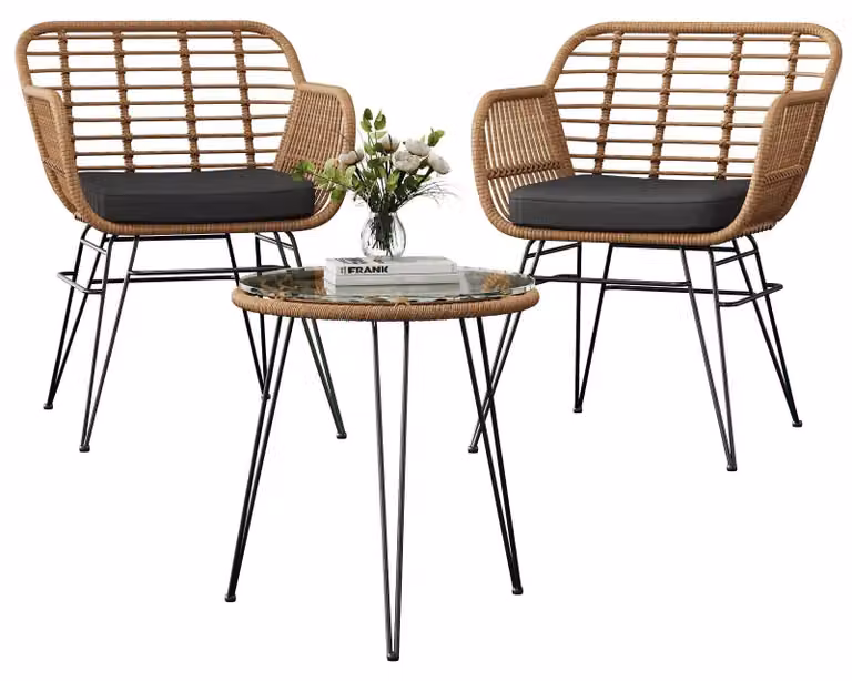 Set di mobili da balcone in polyrattan composto da 3 pezzi - Set da salotto con 2 sedie - Per balconi/terrazze di piccole dimensioni - Struttura in metallo - Con morbidi cuscini - Tavolino con piano in vetro - Giallo