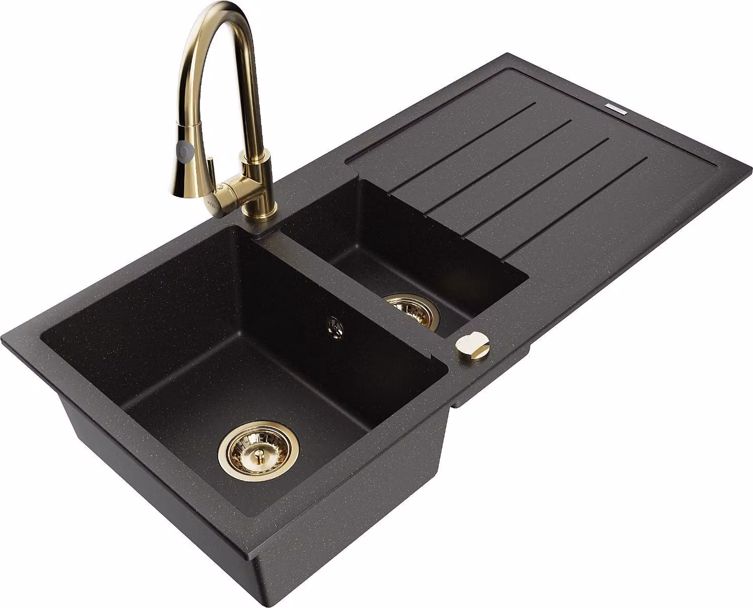 Mexen Andres lavello in granito a 1,5 vasca con scolapiatti e rubinetto da cucina Elia, nero/oro metallizzato