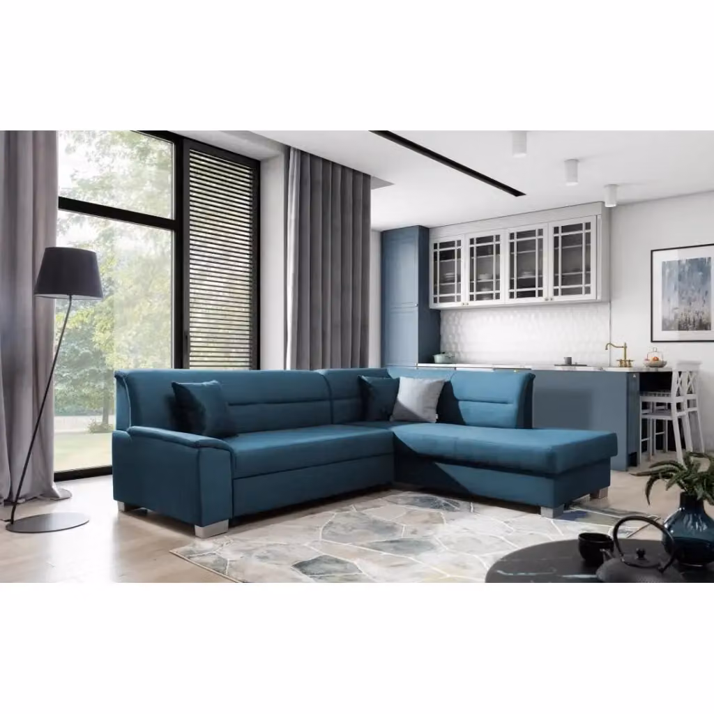 Divano ad angolo convertibile TROMSO MEUBLORAMA blu con effetto velluto, angolo destro con funzione letto e contenitore, L/P/H: 247 x 141 x 83 cm – 2