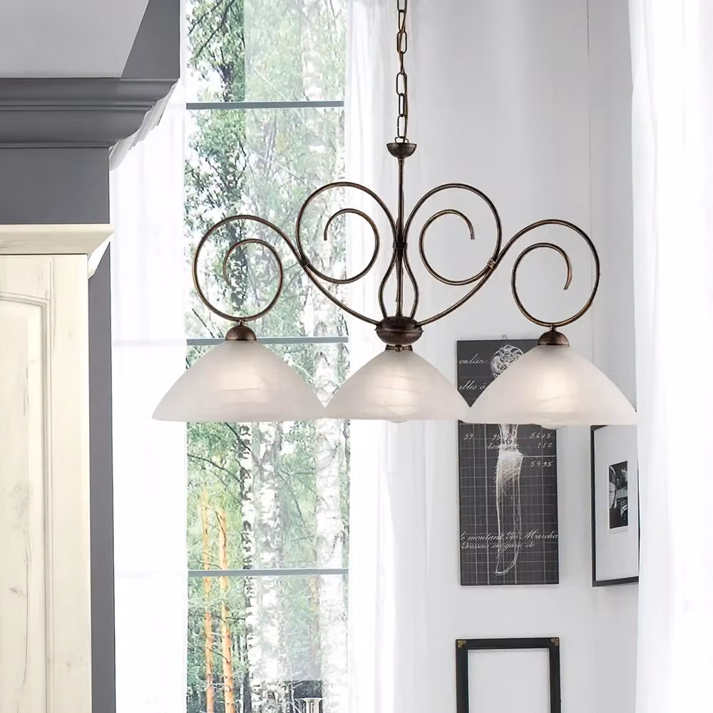 Lampadario Classico a Sospensione Belight Serie Milly con 3 Luci in Ferro Battuto Marrone e Oro e Vetro Bianco – 2