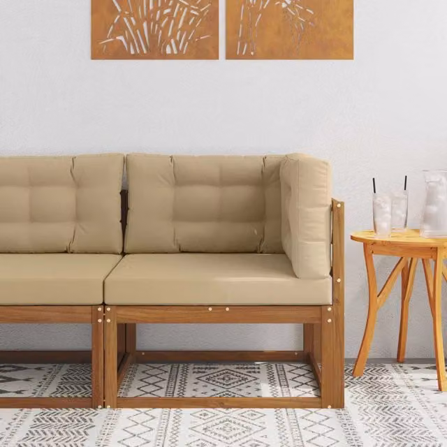Divano Angolare da Esterno Componibile in Legno di Acacia con Cuscini Beige per Giardino e Terrazzo – 1
