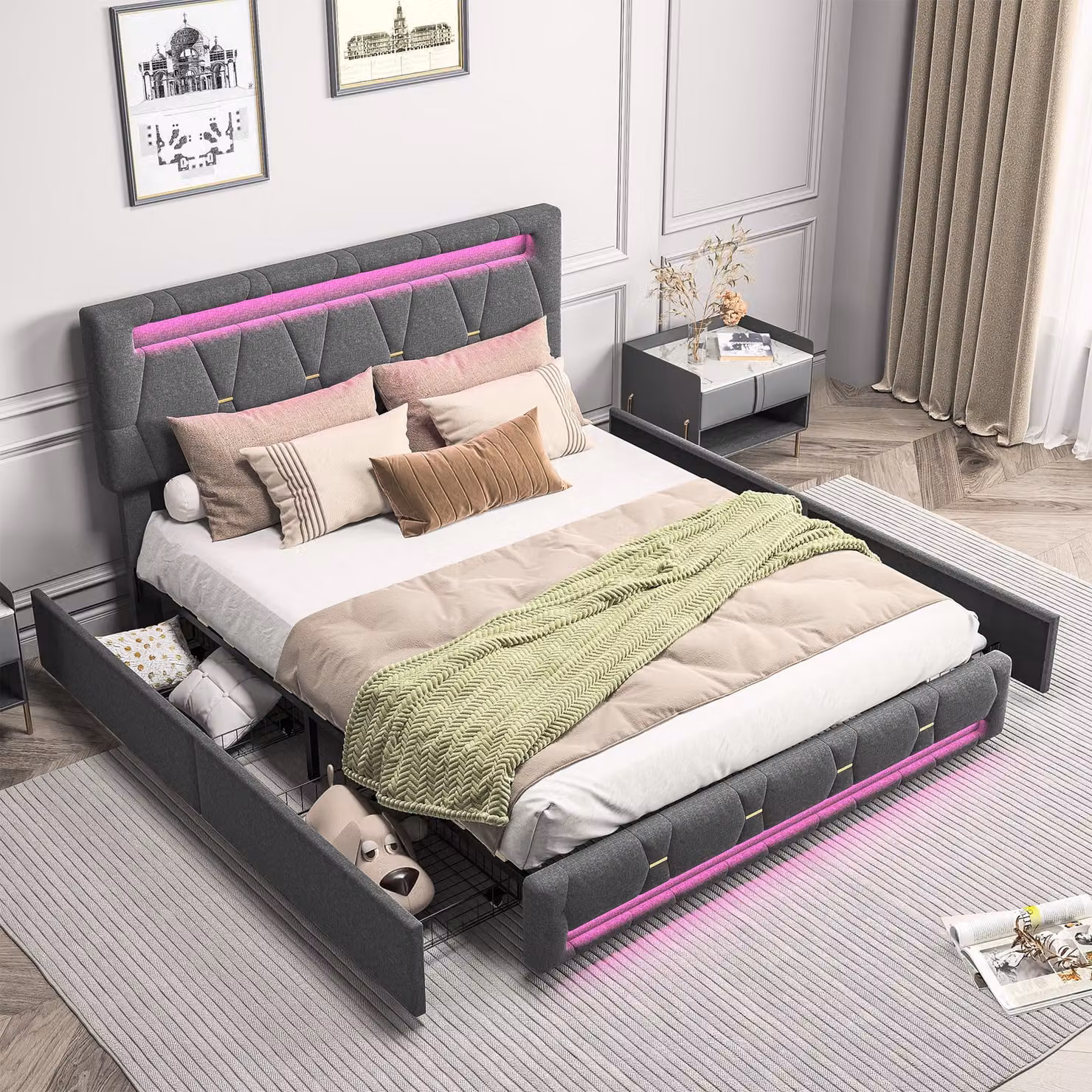 UnboxG Letto imbottito 160x200cm con LED e testata regolabile in altezza, letto matrimoniale con rete a doghe e 4 cassetti, letto contenitore, biancheria funzionale, grigio