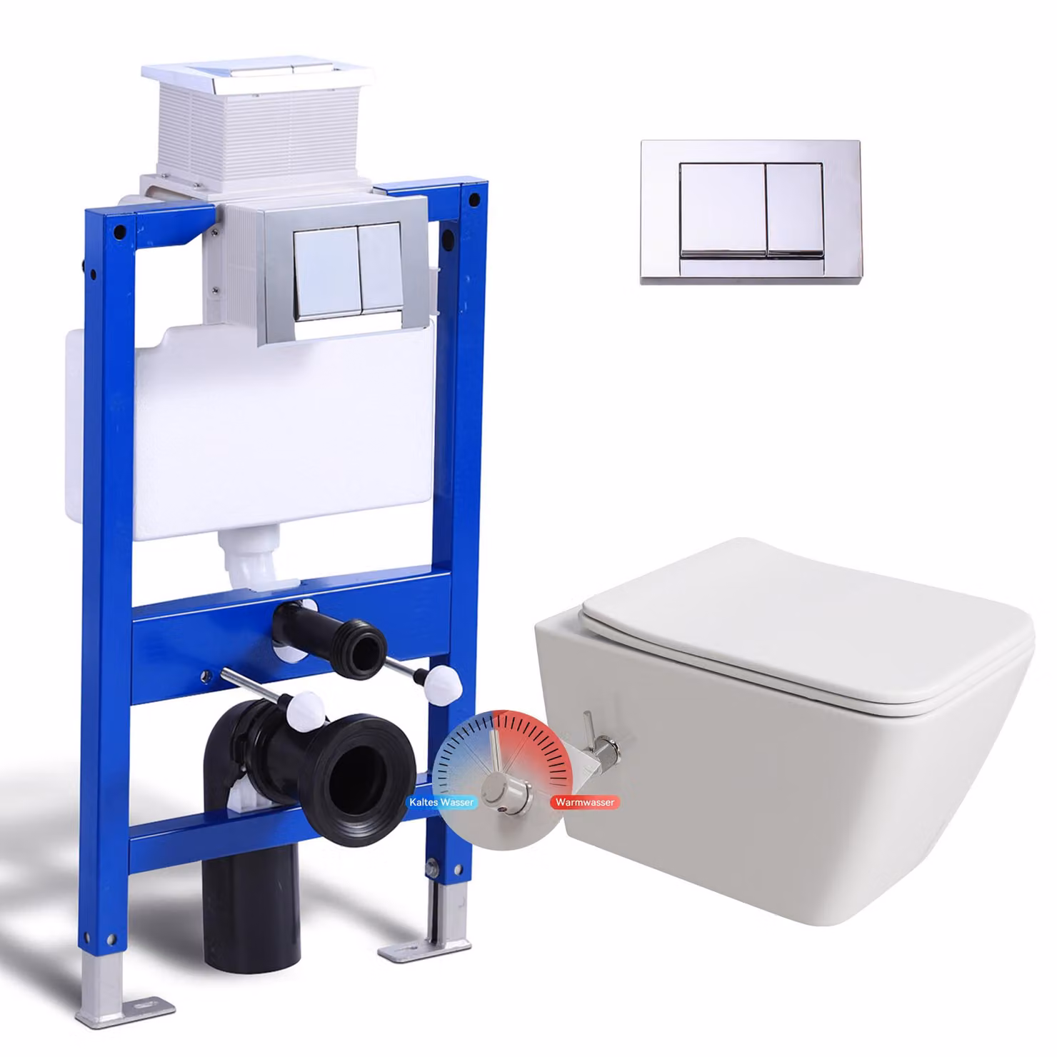 Set completo HOROW con elemento a parete per doccia, WC e lavabo - Cassetta di risciacquo da incasso da 82 cm + WC sospeso con doccia e acqua calda/fredda + Piastra di azionamento rettangolare cromata