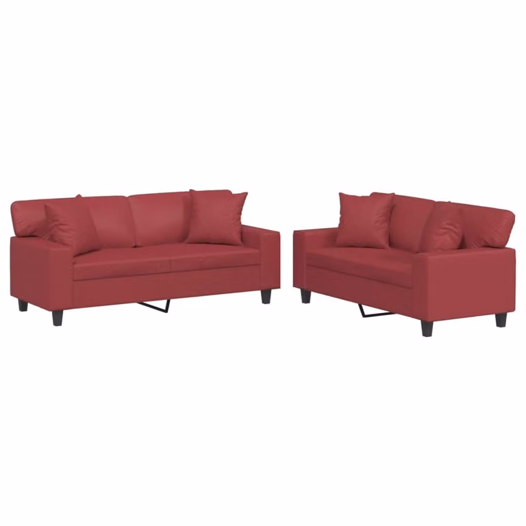 Set di Divani 2 pz con Cuscini Rosso Vino in Pelle finta