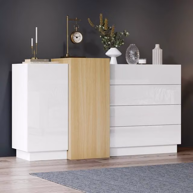 Madia Mivray con 4 cassetti e 2 ante a pressione in MDF bianco lucido con fascia decorativa effetto legno L 140 cm x P 35 cm x H 76.5 cm