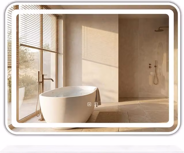 Specchio da parete Rea con mensola e luce LED dimmerabile con touch switch, rettangolare, bianco, L: 80 cm, H: 60 cm