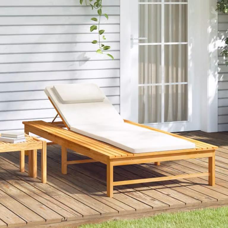 vidaXL Lettino da giardino in legno di acacia con cuscini bianco e marrone e poggiatesta regolabile