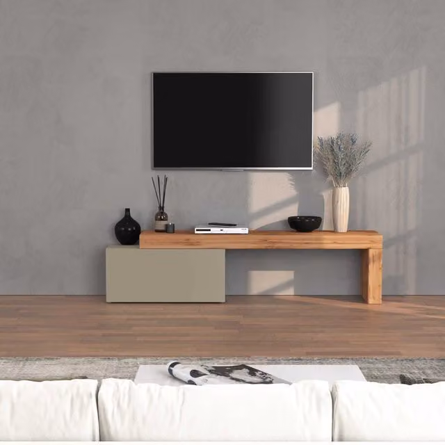 WHOUS Mobile porta tv Chronos estensibile con 1 anta a ribalta tortora/rovere 180/260x40x51 cm