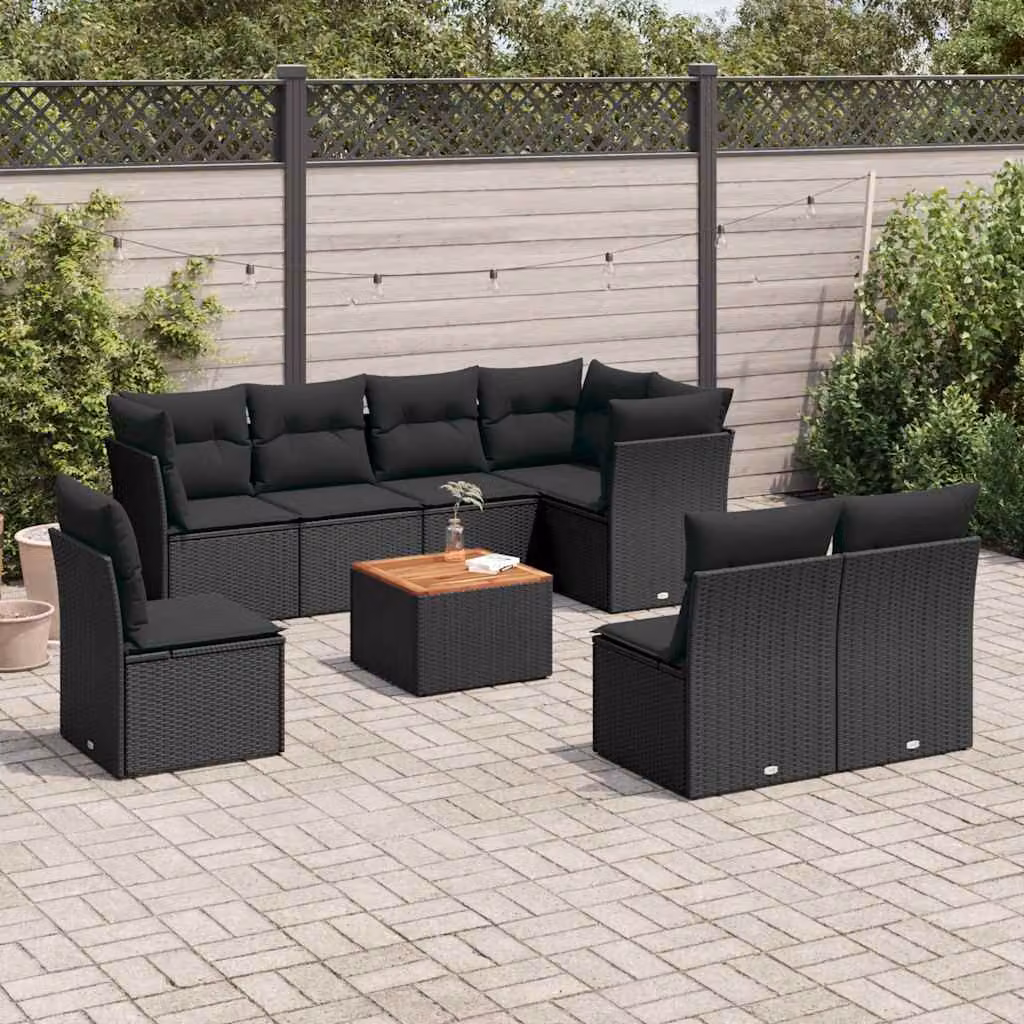 Set di divani da giardino vidaXL in polyrattan nero con cuscini e tavolino da esterno a forma di L – 1